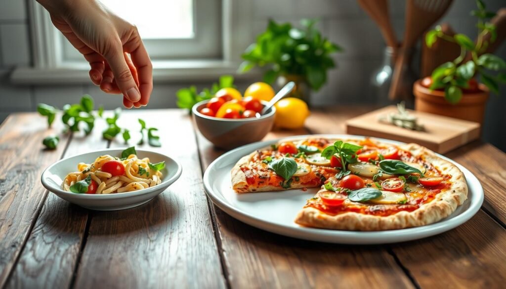 A beautifully arranged gluten-free meal displayed on a rustic wooden table. In the foreground, a delicious gluten-free pizza topped with vibrant vegetables and fresh herbs is showcased on a stylish white plate. Adjacent to it, a small bowl filled with gluten-free pasta salad, colorful bell peppers, and cherry tomatoes adds a pop of color. In the middle, a hand reaching for a slice of pizza emphasizes the inviting nature of the meal. The background features soft, natural lighting filtering through a nearby window, creating a warm and welcoming atmosphere. Subtle greenery and kitchen utensils in the background add depth without distracting from the main focus. The overall mood conveys a sense of health, inclusivity, and culinary delight.