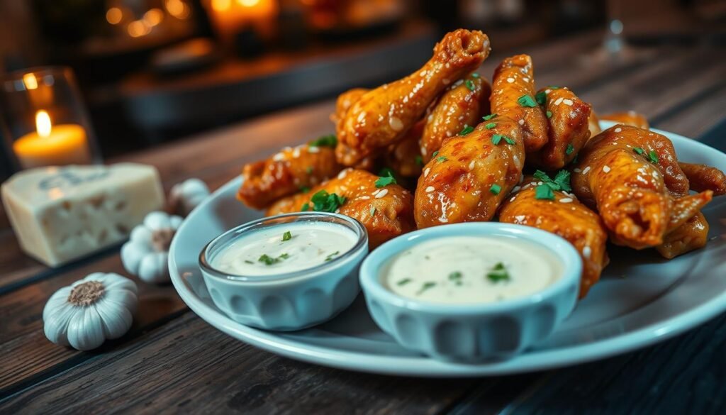 A beautifully arranged plate of crispy golden chicken wings glistening with a rich garlic parmesan sauce, sprinkled with freshly chopped parsley. In the foreground, a small bowl filled with a creamy garlic parmesan dipping sauce sits invitingly, alongside a handful of garlic cloves and a wedge of parmesan cheese. The middle ground features a rustic wooden table, creating a warm and inviting atmosphere. In the background, a softly blurred setting of a cozy dining room, illuminated by warm lighting, enhances the intimate feel of the scene. The angle captures the plate from a slight overhead view, emphasizing the texture and details of the wings and sauce. The mood is appetizing and inviting, perfect for showcasing pairing suggestions.