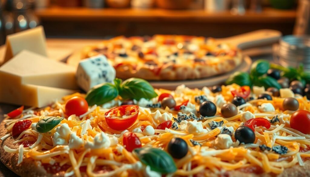 A beautifully arranged spread showcasing a variety of cheese blends and toppings for pizza. In the foreground, rich, melted mozzarella, sharp cheddar, and tangy blue cheese blend together in an appetizing swirl. Scattered across this vibrant cheese base are colorful toppings, such as fresh basil leaves, red peppers, mushrooms, and olives, artistically placed to highlight their textures. In the middle ground, a wooden pizza peel holds a freshly baked pizza, its crust golden and crispy. The background features a rustic kitchen setting, with warm ambient lighting illuminating the scene, creating a cozy and inviting atmosphere. The angle is slightly elevated, providing a clear view of the delicious details while maintaining depth. The overall mood is warm, inviting, and delicious, perfect for showcasing the variety of cheese blends and toppings.