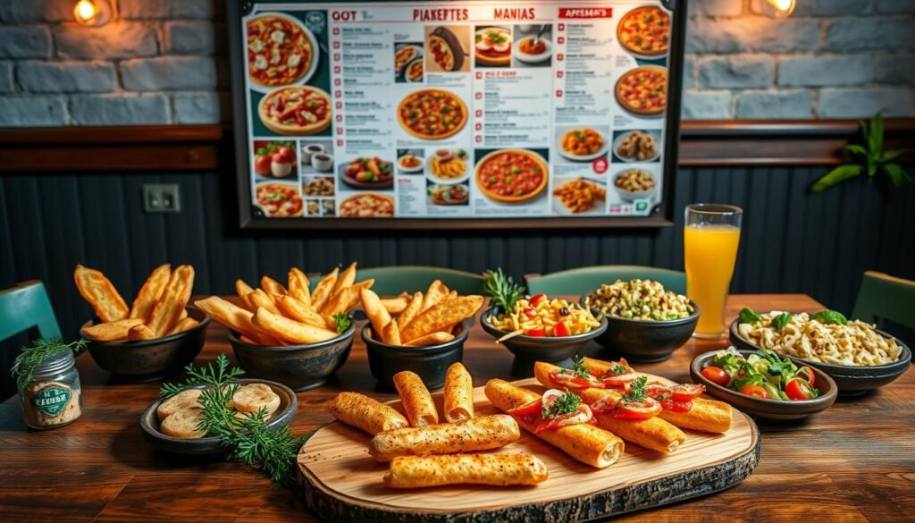 A beautifully arranged table featuring a diverse menu, showcasing various food items beyond pizza. In the foreground, a rustic wooden table displays an enticing assortment of appetizers: garlic bread, cheese sticks, and salads, artfully styled. In the middle background, a large, open menu board highlights a variety of options such as pasta dishes, desserts, and beverages, with vibrant photos of the items. Soft lighting enhances the inviting atmosphere, casting a warm glow that emphasizes the rich colors of the food. The setting is cozy, with subtle decorative elements like fresh herbs and colorful tableware. The scene captures the essence of culinary diversity in a casual dining environment, focusing on the allure of countless options available at a pizza chain.