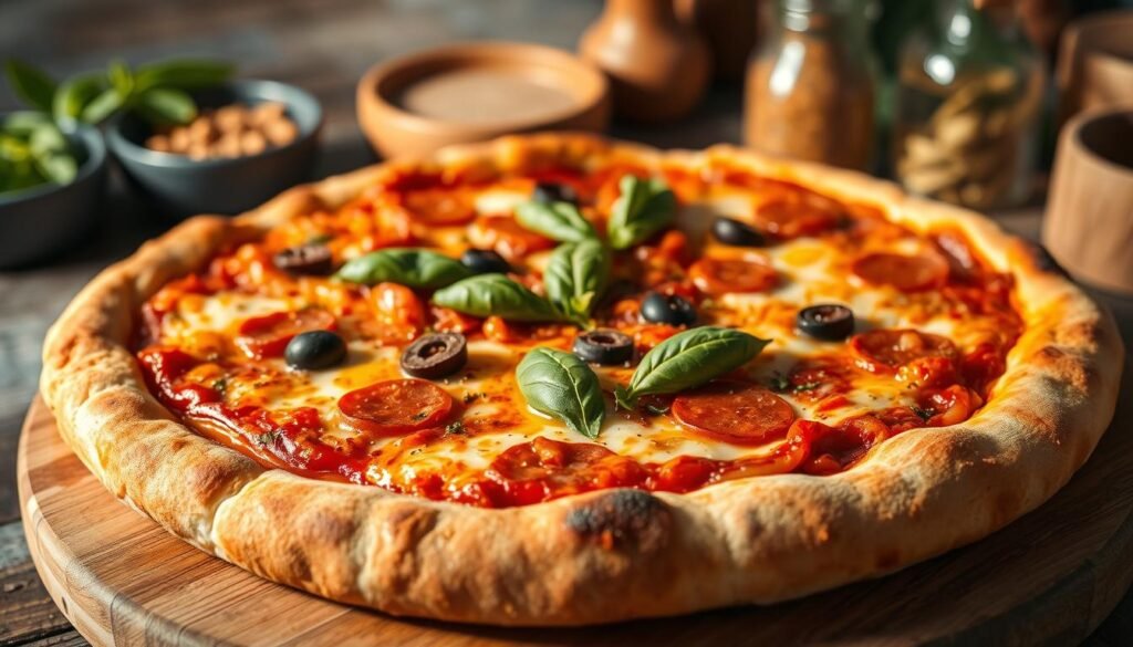 A beautifully crafted handmade pan pizza, featuring a thick, golden-brown crust that is perfectly crisped on the edges. The pizza is generously topped with a rich layer of vibrant red tomato sauce, melted mozzarella cheese bubbling enticingly, and an array of colorful toppings like green bell peppers, pepperoni, and olives. In the foreground, the pizza is displayed on a rustic wooden board, glistening with olive oil and sprinkled with fresh basil leaves for added color. The warm, inviting lighting casts soft shadows, enhancing the textures of the crust and toppings. The background is a blurred kitchen scene with subtle hints of herbs and spices, creating a cozy atmosphere that evokes the smell of freshly baked pizza. The overall mood is inviting and appetizing, perfect for conveying the value of handmade culinary experiences.