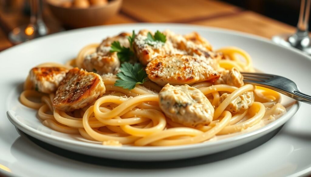 A beautifully plated serving of creamy chicken Alfredo pasta, featuring tender fettuccine noodles coated in a rich, velvety Alfredo sauce. The foreground showcases succulent pieces of grilled chicken, garnished with fresh parsley, and a sprinkle of grated Parmesan cheese. In the middle, the dish is elegantly presented on a white plate, with a fork positioned beside it, ready for enjoyment. The background captures a softly blurred ambiance of a cozy Italian restaurant, with warm lighting highlighting the dish's inviting textures. A wooden table adds a rustic touch, enhancing the comforting atmosphere. The scene is illuminated by gentle, warm light, creating an inviting and appetizing mood, perfect for a culinary article focused on delicious pasta dishes.