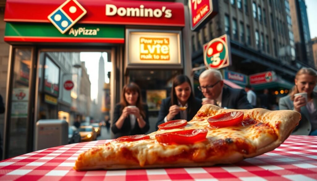 A bustling New York City street scene, featuring a vibrant Domino's Pizza storefront adorned with a classic red and green awning. In the foreground, a large, enticing slice of New York-style pizza with a perfectly thin, foldable crust, topped with melted cheese and fresh pepperoni, rests on a checkered red-and-white tablecloth. The middle ground showcases people in professional business attire casually enjoying their slices, with a backdrop of iconic NYC landmarks like the Empire State Building peeking through. The lighting is warm and inviting, reminiscent of late afternoon sun, with a slight lens flare enhancing the bustling atmosphere. This composition captures the essence of New York style pizza culture amidst the cityscape, invoking a lively and delicious mood.