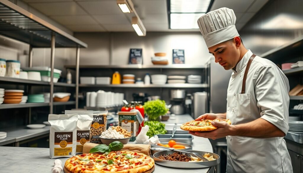 A busy restaurant kitchen scene focusing on cross-contamination risks associated with allergens. In the foreground, a chef in a crisp white uniform and a professional hat is carefully handling a pizza, while checking ingredient labels for allergens. In the middle, various food items are displayed on a countertop: gluten-free flour, nuts, dairy products, and fresh vegetables, each clearly separated to prevent cross-contamination. The kitchen background features industrial shelving, sanitized surfaces, and proper utensils organized neatly. Bright overhead lighting casts a warm glow, highlighting the meticulousness of food preparation. The atmosphere is one of diligence and caution, emphasizing the importance of safe food handling practices. The focus should be on cleanliness and the careful processes to avoid allergen exposure, without any people facing the camera directly.