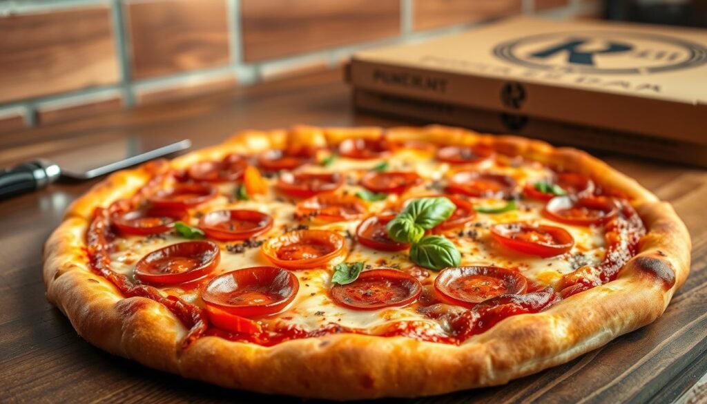 A close-up composition of a freshly baked pan pizza, showcasing a thick, golden-brown crust with a slightly crispy edge. The pizza is loaded with a vibrant array of toppings: gooey melted mozzarella, slices of pepperoni curling at the edges, colorful bell peppers, and a sprinkle of fresh basil. The foreground captures the texture of the cheese and toppings, while the middle ground showcases a rustic wooden table with a pizza cutter and an authentic pizza box subtly placed to the side. The background is softly blurred, hinting at a cozy pizzeria ambiance with warm lighting that enhances the inviting nature of the scene. The overall atmosphere is mouth-watering and inviting, ideal for analyzing craftsmanship in pizza-making.