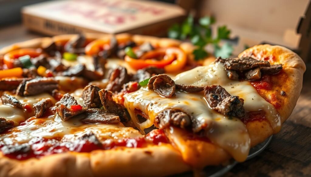 A close-up image of a tantalizing Philly cheesesteak pizza, featuring a golden-brown crust topped with juicy, thinly sliced steak, melted provolone cheese oozing over the edges, and colorful bell peppers. In the foreground, the pizza slice is slightly pulled away, showcasing its gooey cheese stretch. The middle ground includes a rustic wooden table, enhancing the homely atmosphere, while soft, diffused lighting casts warm tones to highlight the delicious toppings. In the background, a blurred out pizza box and a few sprigs of fresh parsley add a touch of greenery. The overall mood is inviting and appetizing, aimed at emphasizing the rich flavor profile and fresh ingredients.