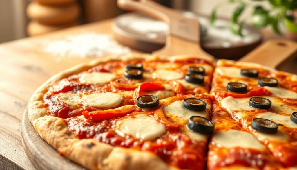 A close-up image of a thin crust pizza, freshly baked with a golden-brown crust. The pizza features a rich tomato sauce base, generously topped with melted mozzarella cheese, vibrant bell peppers, and sliced olives, arranged artfully. In the foreground, the pizza is elegantly cut into slices, showcasing its crispy texture. The middle ground captures a wooden pizza peel positioned beside the pizza, dusted with flour, indicating a home kitchen setting. Soft, warm lighting highlights the gooey cheese and adds an inviting glow to the crust. The background is blurred, revealing hints of a rustic kitchen with a pizza stone and a hint of greenery, emphasizing a cozy atmosphere. The overall mood is warm and inviting, ideal for culinary enthusiasts.