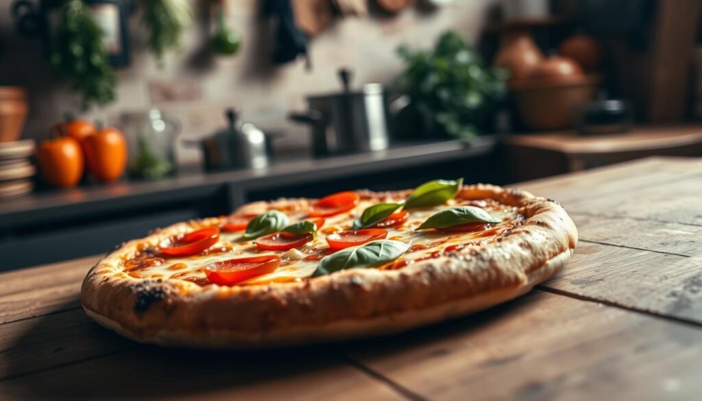 A close-up of a handmade pan pizza, showcasing a golden, crispy crust with bubbling cheese, colorful bell peppers, pepperoni, and fresh basil leaves artfully arranged on top. The pizza is placed on a rustic wooden table, emphasizing its artisanal quality. In the background, soft, warm lighting illuminates a cozy kitchen setting, with hints of vintage cookware and herbs hanging from the wall. A shallow depth of field highlights the pizza in sharp focus, while the background remains gently blurred, creating a warm and inviting atmosphere. The scene conveys a sense of nostalgia and comfort, ideal for illustrating the evolution of this classic culinary experience.