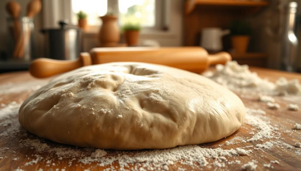 A close-up of freshly kneaded pizza dough on a wooden surface, the dough is smooth and soft with a light sheen, dusted with flour. In the foreground, the texture of the dough is prominent, showcasing small bubbles and the elasticity of the gluten. In the middle ground, a rolling pin and scattered flour give context to the preparation process. The background features a warm kitchen atmosphere, with soft natural light streaming in through a nearby window, casting gentle shadows and enhancing the inviting ambiance. The overall mood is cozy and homey, reflecting the art of making the perfect pizza dough. No people present, focusing solely on the dough and surrounding tools.