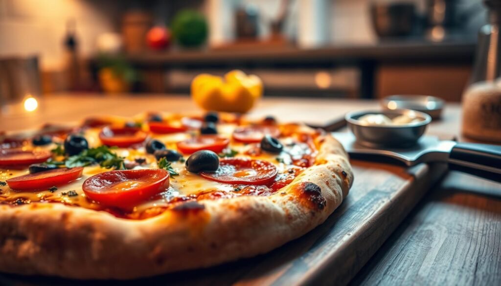 A close-up shot of a freshly baked pizza highlighting its delicious crust and vibrant toppings. The foreground showcases a golden-brown, perfectly baked crust with a slightly charred edge, topped with melted cheese, pepperoni slices, bell peppers, olives, and herbs. In the middle ground, the pizza sits on a rustic wooden cutting board, with a pizza cutter and a small bowl of garlic dipping sauce nearby. The background features a softly blurred kitchen environment, illuminated by warm, ambient lighting to create a cozy atmosphere. The angle is slightly elevated, capturing the texture of the crust and the vivid colors of the toppings. The mood is inviting and appetizing, encouraging the viewer to indulge in this delicious offering.