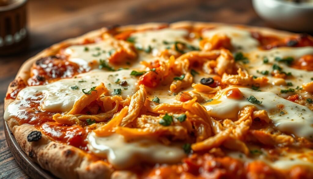 A close-up shot of a freshly prepared pizza topped with molten real mozzarella cheese, perfectly melted and oozing over the edges. The mozzarella should be shown in a rich, creamy texture, glistening under warm, inviting lighting. In the foreground, a generous layer of shredded buffalo chicken can be seen, garnished with a sprinkle of fresh herbs, adding vibrant color. The middle ground features a crispy, golden crust with charred spots, showcasing its artisanal quality. In the background, a rustic wooden table enhances the pizza's homestyle appeal. The overall mood is warm and inviting, evoking a sense of indulgence and quality, ideal for emphasizing premium ingredients in specialty pizzas. The image should be captured from a slightly elevated angle to highlight the pizza's delicious toppings without any text or logos.
