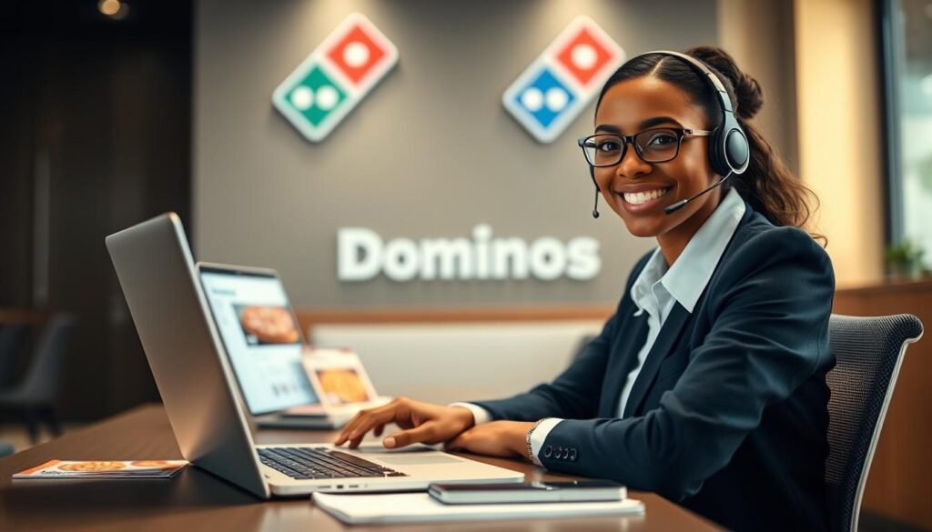 A close-up shot of a friendly customer service representative seated at a modern, stylish workspace, wearing professional attire. The foreground highlights a headset on their shoulders and a laptop open in front of them, showcasing a Dominos customer service dashboard. In the middle ground, a neatly arranged desk displays pizza menus, a notepad, and a smartphone to indicate communication. The background features a softly blurred company logo and a warm, inviting color scheme, suggesting a welcoming atmosphere. Soft, natural lighting enters from a window, enhancing the warmth of the scene. The overall mood is professional yet approachable, reflecting a dedicated customer-focused environment in the world of Dominos customer service.