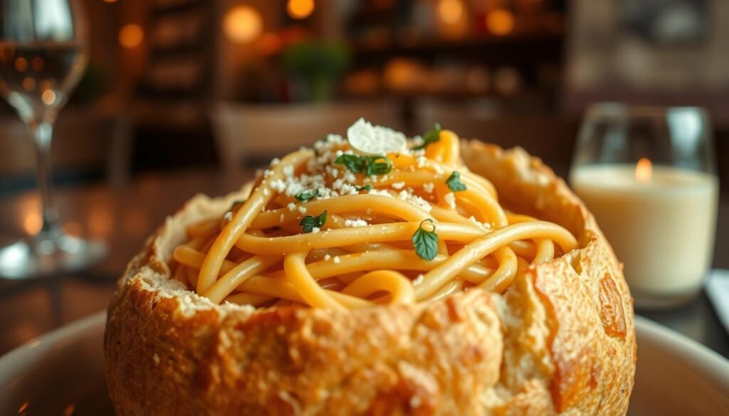 A close-up view of a delicious bread bowl filled with pasta, showcasing the rich, creamy sauce coating the noodles. The bread bowl should be artisan, with a rustic texture and a warm, golden-brown color. The pasta is intricately twirled within the bowl, topped with a sprinkle of fresh herbs and grated cheese for added visual appeal. The scene is set against a softly blurred background of a cozy dining area, with warm lighting that highlights the food's colors and textures. The atmosphere should convey a sense of comfort and indulgence, inviting the viewer to savor the moment. The angle should be slightly above the bowl, allowing for a clear view of the pasta while maintaining focus on the bread bowl itself.