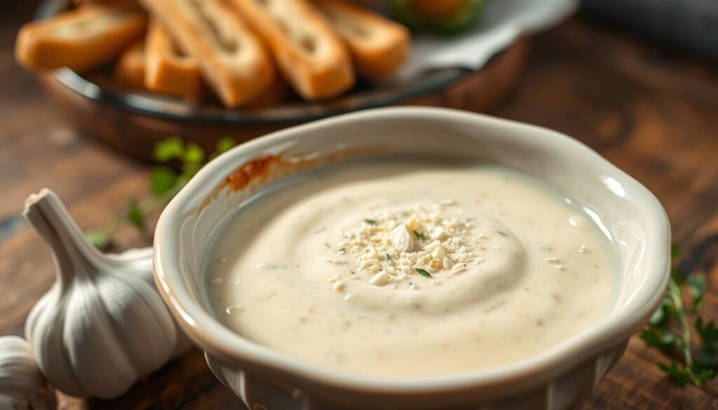 A close-up view of a delicious garlic parmesan sauce in a small, elegant ceramic bowl, with a smooth, creamy texture glistening under soft natural lighting. Include finely minced garlic cloves and a sprinkle of grated parmesan cheese visible on top. The bowl should be placed on a rustic wooden table, with fresh garlic bulbs and some sprigs of parsley in the foreground, adding color and freshness. In the background, softly blurred, you can see a plate of crispy breadsticks poised to be dipped into the sauce, enhancing the culinary atmosphere. The overall mood should be inviting and warm, evoking a sense of comfort and flavor, ideal for enhancing taste in a culinary context.