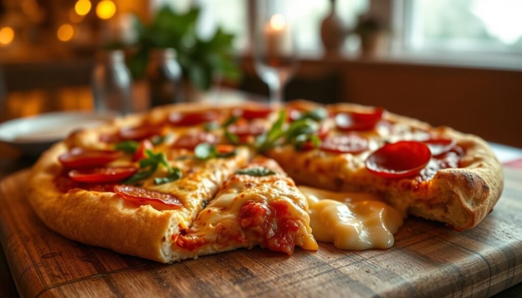 A close-up view of a delicious, golden-brown parmesan stuffed crust pizza, showcasing gooey melted cheese oozing from the crispy edges. The pizza is topped with vibrant red tomato sauce, a blend of colorful vegetables, and savory pepperoni slices artfully arranged on the surface. In the foreground, a rustic wooden cutting board sits beneath, with a few slices of the pizza already cut and partially pulled away, revealing the rich, cheesy filling within the crust. The background features a softly blurred table setting with a warm, inviting ambiance, lit by soft overhead lighting creating a cozy atmosphere. The overall composition should inspire hunger and convey the excitement of indulging in a gourmet pizza experience, with an emphasis on rich textures and appetizing colors.