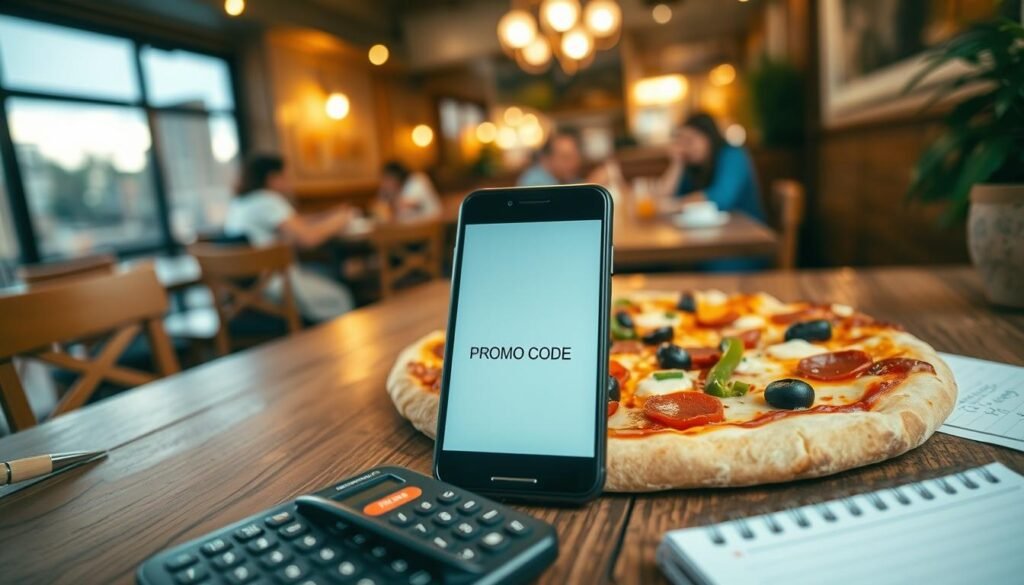A close-up view of a delicious pizza with a variety of toppings, including pepperoni, bell peppers, and olives, placed on a rustic wooden table. In the foreground, a smartphone displays a prominent promo code, creatively integrated into the scene, alongside a calculator and a notepad filled with notes on pizza deals. In the middle ground, a blurred background showcases a cozy pizza restaurant with warm, inviting lighting and a few customers enjoying their meals. The atmosphere is lively and cheerful, evoking a sense of excitement about pizza deals. Capture the image using a slight overhead angle, ensuring sharp focus on the pizza and promo code while adding soft bokeh effects on surrounding elements. The lighting should mimic a late afternoon glow, enhancing the inviting feel.