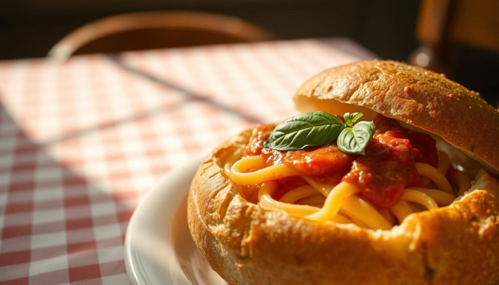 A close-up view of a freshly baked bread bowl filled with delicious pasta, showcasing the melted cheese and vibrant red marinara sauce layered over the noodles. The bread bowl is rustic and golden-brown, with a soft texture crumbling slightly from the weight of the pasta. In the background, a warm, inviting dining table is set, draped in a checkered tablecloth, with soft, natural lighting casting gentle shadows, creating a cozy atmosphere. A hint of greenery, such as a small basil leaf, is elegantly placed atop the dish, enhancing the visual appeal. The image should capture a mouthwatering experience, evoking a sense of comfort and satisfaction, taken from a slightly elevated angle for a delicious presentation.