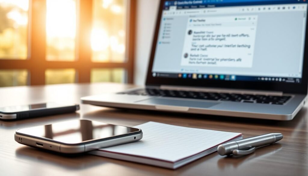 A close-up view of a modern office desk featuring a laptop open to an email application, with notifications of text and email offers visible on the screen. The foreground includes a stylish smartphone displaying a messaging app, hinting at communication preferences. In the middle, a neatly arranged notepad and pen, symbolizing planning and organization. The background features a softly blurred window revealing a sunny day, creating a warm and inviting atmosphere. Utilize natural lighting to enhance clarity and detail, with reflections on the laptop screen suggesting modernity. The mood should be professional yet approachable, conveying a sense of efficient customer service interaction. No text or human subjects are included.