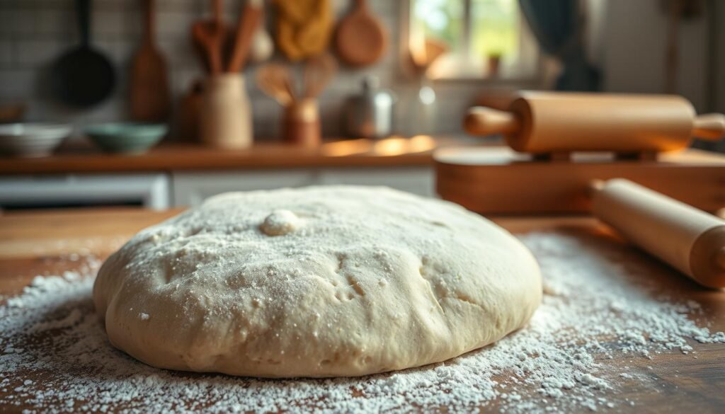 A close-up view of freshly prepared pizza dough on a wooden countertop, highlighting the texture and elasticity as it rises. The dough is sprinkled with a light dusting of flour, creating a soft contrast against the warm, neutral tones of the wood. In the background, a soft focus features a well-lit kitchen adorned with rustic utensils and a rolling pin, emphasizing a homey atmosphere. The lighting is warm and inviting, with sunlight streaming through a nearby window, casting gentle shadows. The angle is slightly overhead, showcasing the dough's round shape as it puffs up, representing the essential rising techniques for a perfect crust. The overall mood is cozy and inviting, ideal for a culinary exploration of pizza making.