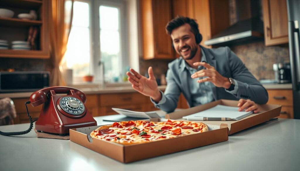 A cozy kitchen setting where a person is placing a phone order for pizza, prominently featuring a vintage rotary phone in the foreground. The individual, dressed in smart casual attire, gestures animatedly as they speak, with a notepad and pen nearby to jot down the order. In the middle ground, a pizza box is open on the table, showcasing a deliciously cheesy pizza with vibrant toppings. The background features warm lighting with soft shadows, accented by a window revealing a sunny day outside. The atmosphere is inviting and relatable, capturing the essence of a casual yet focused moment of ordering pizza over the phone. The scene is well-composed, emphasizing the details without distractions or text elements.