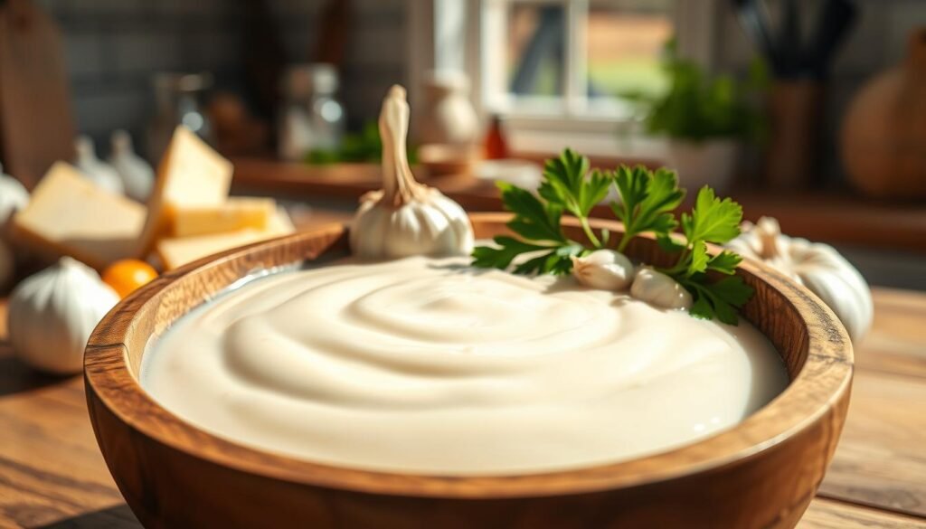 A creamy, thick white sauce base fills a rustic wooden bowl at the forefront of the image, with a smooth texture catching the light. In the middle ground, fresh garlic cloves and parsley garnish the bowl, adding a burst of color and freshness. Behind, a softly blurred kitchen scene showcases an array of cooking ingredients like butter, cheese, and spices, hinting at the preparation process. Natural light streams through a nearby window, creating warm, inviting shadows that enhance the cozy atmosphere. The image is shot from a slightly elevated angle to capture the full depth of the bowl, emphasizing the velvety consistency of the sauce while maintaining a clean and professional look, devoid of any distractions or text.