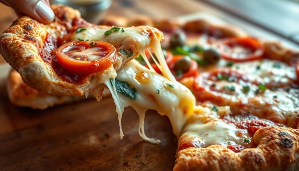 A delectable close-up of a freshly baked pizza featuring a parmesan stuffed crust, showcasing the crisp, golden-brown exterior with melted cheese oozing from the edges. The foreground displays a slice being lifted, revealing an inviting stretch of cheese and garnished with fresh herbs. In the middle, the vibrant toppings such as juicy tomatoes, bell peppers, and green olives create a colorful contrast against the rich crust. The background features a rustic wooden table, subtly blurred to emphasize the pizza as the focal point. Soft, warm lighting casts a cozy glow, enhancing the inviting, appetizing atmosphere. The image should evoke a sense of comfort and indulgence, perfect for pizza lovers exploring specialty crust options.
