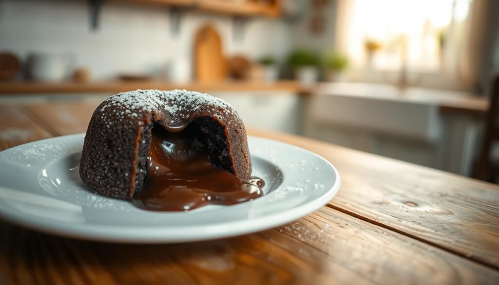 A delicious chocolate lava crunch dessert sits elegantly on a white porcelain plate in the foreground, with a molten chocolate center spilling out, surrounded by a delicate sprinkle of powdered sugar. The lush texture of the dessert is highlighted by warm, inviting lighting that accentuates the dark chocolate tones, creating a rich and decadent look. In the middle ground, a softly blurred, rustic wooden table conveys a warm and homey atmosphere. In the background, a subtle kitchen setting features soft, diffused light filtering through a window, hinting at a cozy baking environment. The overall mood is inviting and indulgent, perfect for showcasing the delightful experience of savoring a Dominos Lava Cake.