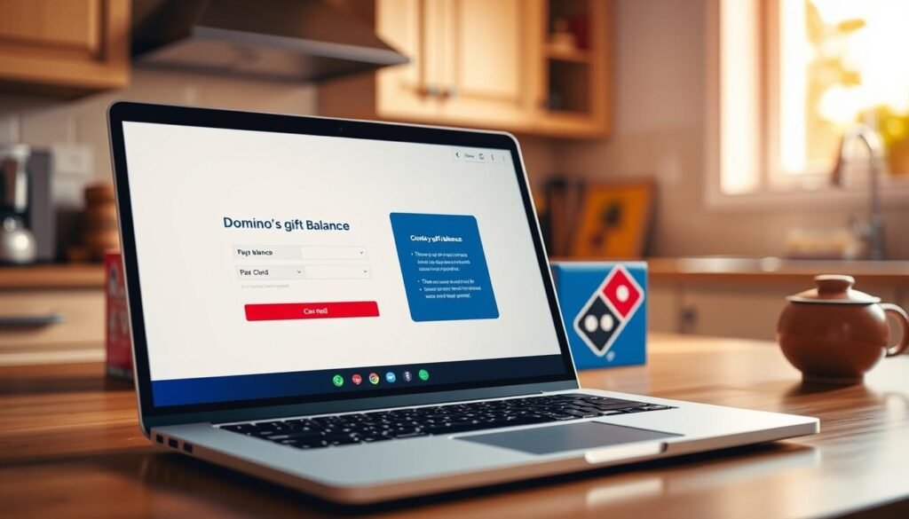 A desktop scene featuring a digital representation of a Domino's gift card balance. In the foreground, display a sleek laptop screen showing the Domino's gift card balance interface, with a clean and modern design. The middle ground features a few Domino's pizza boxes in vibrant red and blue colors, suggesting the brand without prominent logos. The background should be softly blurred to include a cozy kitchen setting, with warm lighting coming from a nearby window, creating a cheerful atmosphere. The angle should be slightly tilted to give depth, focusing on the laptop. The overall mood is inviting and casual, perfect for illustrating the process of checking a gift card balance. Ensure the image is professional and clean with no text or overlays.