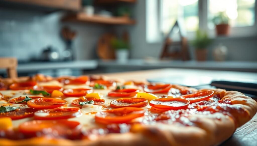 A detailed, mouth-watering close-up of a homemade Domino's thin crust pizza, showcasing a perfectly baked, golden-brown crust crisped to perfection. The pizza is topped with vibrant, fresh ingredients—rich tomato sauce, gooey melted mozzarella cheese, slices of pepperoni, and colorful bell peppers. In the foreground, the pizza sits on a rustic wooden table, with a pizza cutter and a sprinkle of herbs artistically placed beside it. The middle ground features a soft-focus kitchen setting with warm ambient lighting streaming through the window, highlighting the inviting atmosphere of a home kitchen. The background is subtly blurred, suggesting a cozy home environment. The mood is cheerful and appetizing, inviting viewers to indulge in a slice of homemade comfort food.