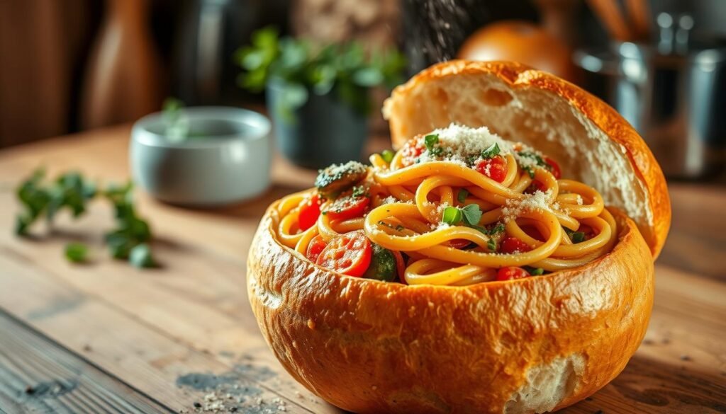 A fresh, artisanal bread bowl filled with steaming pasta adorned with vibrant, colorful vegetables and a rich, savory sauce. In the foreground, show the bread bowl with a golden-brown crust, slightly crisp, and a soft interior visible at the top. The pasta is twirled elegantly, showcasing its texture, while herbs and grated cheese are sprinkled generously on top, evoking a sense of deliciousness. In the middle ground, include a glimpse of a rustic wooden table, enhancing the comforting atmosphere. The background features softly blurred cozy kitchen elements, like a small herbs pot and kitchenware, to create warmth. The lighting is warm and inviting, casting gentle shadows to accentuate the dish. The overall mood is appetizing and homey, perfect for food lovers.