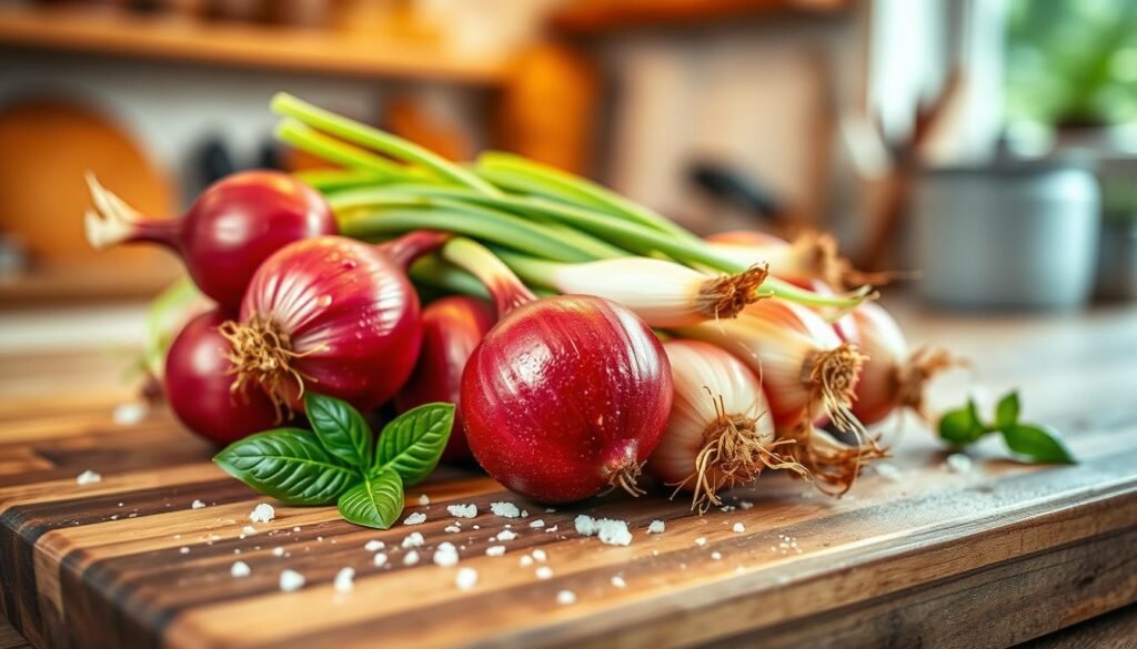 A fresh bunch of vibrant red and white onions is arranged artistically on a rustic wooden cutting board. The onions glisten with dew, showcasing their smooth, firm skins and delicate layers. In the background, a soft-focus kitchen setting is visible, featuring warm, natural lighting that enhances the inviting atmosphere. A few scattered basil leaves and a sprinkle of coarse sea salt provide added texture, emphasizing the freshness of the ingredients. The image captures a close-up perspective, highlighting the intricate details of the onions, with a shallow depth of field that softly blurs the background. This scene evokes a cozy, culinary ambiance, perfect for customizing your ideal pizza creation.