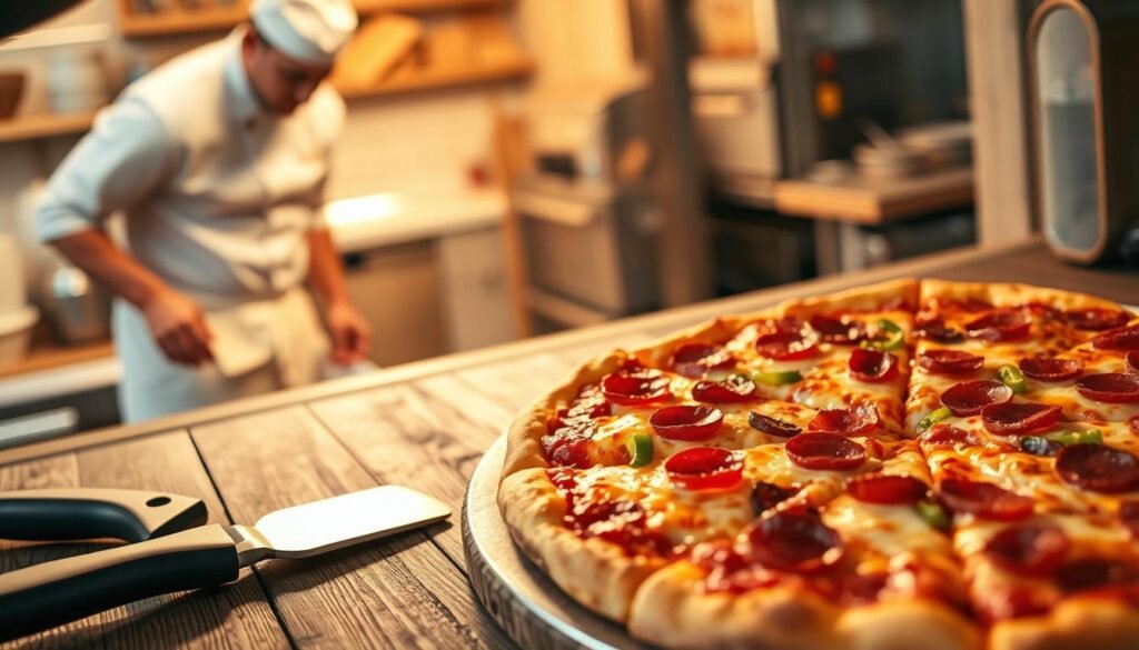 A freshly baked Dominos pan pizza emerges dramatically from the oven, with a golden-brown crust glistening under soft, warm lighting. In the foreground, the pizza displays generous toppings of melted cheese, pepperoni, and vibrant bell peppers, inviting the viewer’s appetite. The middle ground features a rustic wooden table with pizza slices slightly overlapping, alongside a classic pizza cutter. In the background, a blurred kitchen setting hints at a bustling pizza shop, where a chef in a crisp white shirt prepares another batch. The overall mood is cozy and inviting, capturing the essence of comfort food and culinary tradition. A slight angle from above showcases the pizza's thickness and toppings, enhancing its visual appeal.