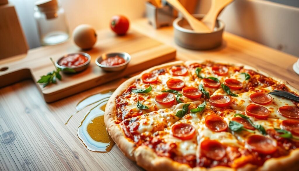 A freshly baked medium pizza sits prominently in the foreground, topped with a vibrant array of ingredients, including gooey cheese, pepperoni slices, and colorful bell peppers. The pizza is perfectly round and cut into equal slices, showcasing its inviting layers. In the middle ground, a wooden cutting board displays a olive oil drizzle and a small dish of marinara sauce, emphasizing a rustic dining atmosphere. In the background, a softly blurred kitchen setting with warm lighting and wooden utensils adds a homey vibe. The angle captures the pizza slightly from above, enhancing its appetizing details while inviting viewers to appreciate its size and toppings. The mood is warm and inviting, perfect for pizza lovers.
