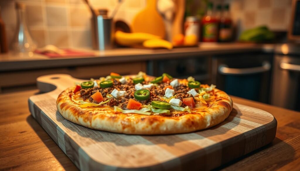 A freshly baked taco pizza sits on a rustic wooden cutting board, showcasing a golden, crispy crust. The vibrant toppings are visible in the foreground, featuring seasoned ground beef, melted cheddar cheese, crisp lettuce, diced tomatoes, and a sprinkle of jalapeños, all glistening with deliciousness. In the background, a cozy kitchen setting with warm, ambient lighting creates an inviting atmosphere. Soft shadows enhance the textures of the pizza and the wooden surface, while a slightly blurred countertop displays colorful ingredients and spicy sauce. The camera angle is slightly elevated, focusing on the pizza, inviting viewers to indulge in this unique dish. Overall, the mood is warm and appetizing, emphasizing the delight of enjoying a taco pizza straight from the oven.