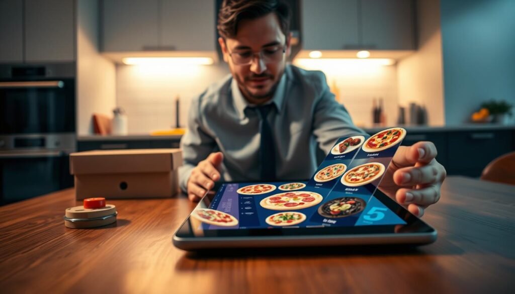 A futuristic digital ordering interface for pizza, featuring a sleek tablet on a wooden table, showcasing an interactive menu filled with visually appealing pizzas and toppings. The foreground highlights a professional individual in business attire, engaging with the tablet, their face illuminated by the screen’s soft glow. In the middle, a pizza delivery box and a small stack of extra toppings create a casual yet modern atmosphere. The background includes a stylish kitchen with contemporary appliances, bathed in warm, inviting lighting. The overall mood is one of convenience, showcasing technological advancement in food ordering while maintaining a sense of comfort and efficiency. The perspective captures the action from a slight overhead angle, emphasizing the interactive experience.