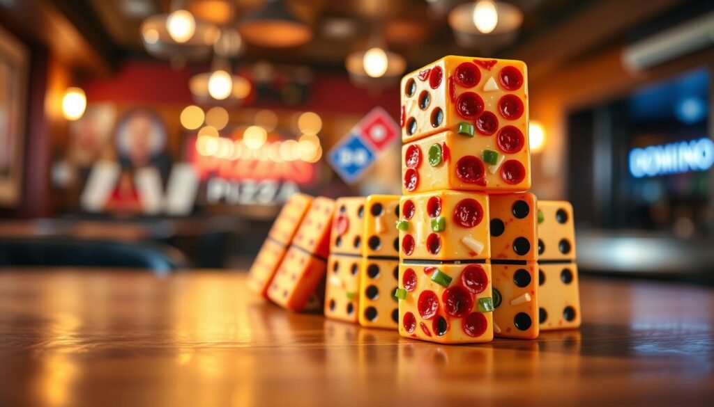A high-resolution image of a colorful, playful arrangement of dominos styled like pizza slices, stacked and ready to topple in a viral chain reaction. In the foreground, focus on a vibrant domino slice with rich cheese, pepperoni, and green peppers detailed on top. The middle layer showcases more domino slices, artistically arranged to suggest movement and excitement, with some dominoes just about to fall. The background is blurred, featuring a cozy pizzeria ambiance with warm lighting that creates a welcoming atmosphere, hinting at laughter and shared joy. Use a shallow depth of field to emphasize the dominos in the foreground, capturing the hype and fun associated with pizza culture. The overall mood should be energetic and inviting, aiming to illustrate the excitement behind Dominos' viral marketing.