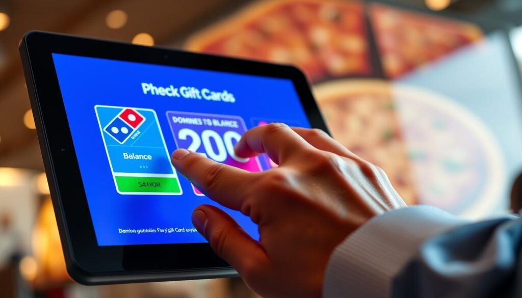 A highly detailed close-up of a digital screen displaying a Domino's gift card balance. The screen shows a vibrant, user-friendly interface with a prominent balance number, surrounded by colorful Domino's branding elements. In the foreground, a pair of hands, dressed in business casual attire, are gently interacting with the touchscreen, conveying an engaged, focused demeanor. The middle layer features a softly blurred pizza menu in the background, evoking a sense of the Domino's experience. Soft, warm lighting illuminates the scene to create a welcoming, inviting atmosphere. The angle is slightly tilted to give a dynamic perspective, enhancing the visual interest while ensuring clarity on the screen detail. The overall mood is informative and professional, suitable for illustrating a guide on checking gift card balances.