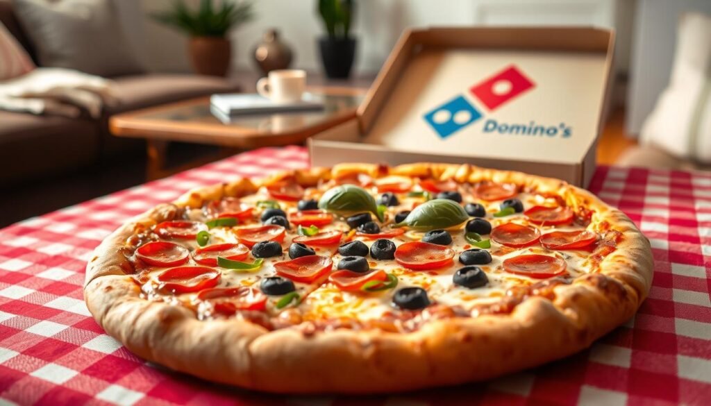 A large, mouthwatering carryout special pizza, freshly baked with a golden-brown crust, sits prominently in the foreground on a vibrant red checkered tablecloth. The pizza is loaded with a colorful array of toppings, including melted mozzarella cheese, juicy pepperoni slices, crisp green bell peppers, and black olives, with a sprinkle of fresh basil on top. In the middle ground, a branded Domino's pizza box is slightly open, hinting at the delicious contents inside. Soft, warm lighting creates an inviting atmosphere, casting gentle shadows on the table, while the background features a cozy living room setting with a blurred view of a coffee table and decorative plants. The overall mood is cheerful and enticing, emphasizing the convenience and quality of carryout pizza.