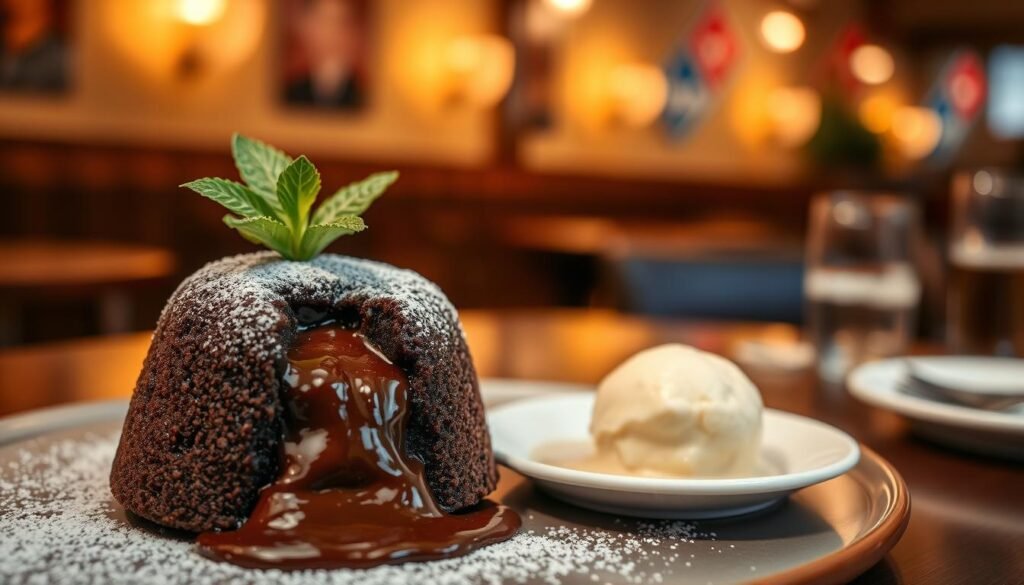 A luscious, decadent chocolate lava cake sits mouth-watering in the foreground, with molten chocolate oozing from its center. The cake is garnished with a dusting of powdered sugar and a sprig of fresh mint, creating an inviting contrast. In the middle ground, a small plate holds a scoop of creamy vanilla ice cream, slowly melting beside the warm cake. The background features soft, blurred lighting from a cozy restaurant, enhancing the warm atmosphere, with subtle hints of Domino’s branding on the tableware. The composition is shot from a slightly elevated angle, capturing the rich textures and shine of the chocolate. The mood is indulgent and inviting, perfect for showcasing a glorious sweet treat. The image should be vibrant, inviting, and evoke a sense of deliciousness without any text or overlays.