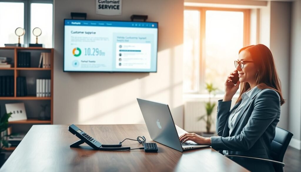 A modern office setting, with a sleek wooden desk in the foreground, featuring a stylish phone and a laptop open to a customer service email interface. A professional-looking woman in business attire is seated, engaged in a phone call, her expression focused and attentive. In the middle ground, a wall-mounted display showcases graphical representations of customer support metrics and a visually appealing email interface. Soft, natural light filters through large windows, casting a warm glow across the room, enhancing the approachable atmosphere. The background includes shelves adorned with books and customer service awards, symbolizing excellence and reliability. The overall mood is professional yet inviting, emphasizing the importance of effective communication in customer service.