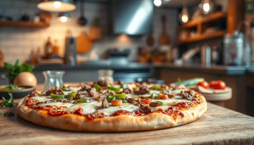 A mouth-watering cheese steak pizza sits prominently in the foreground, showcasing a golden-brown crust topped with melted mozzarella cheese, tender strips of steak, sautéed onions, and green peppers, all glistening with deliciousness. The middle ground features a rustic wooden table adorned with a few scattered ingredients like fresh herbs and pizza slices, emphasizing the artisanal quality of the dish. In the background, a softly blurred kitchen setting hints at a lively restaurant ambiance with warm overhead lighting casting a cozy glow. The overall mood is inviting and appetizing, ideal for showcasing the indulgence of specialty pizzas. The image should be captured from a slightly elevated angle to highlight the pizza's toppings and textures, creating a sense of warmth and celebration around this delectable dish.