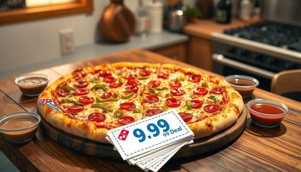A mouth-watering, freshly made Domino's pizza sitting on a rustic wooden table, showcasing vibrant toppings like pepperoni, green peppers, and melted cheese, with a small stack of coupons labeled "9.99 Deal" prominently displayed in the foreground. Surrounding the pizza are sides of dipping sauces and a stylish pizza cutter, creating a casual dining atmosphere. In the background, softly blurred out, there's a warm, inviting kitchen with gentle lighting illuminating the scene, giving a cozy, homey feel. Use a slight overhead angle to capture the full essence of the pizza, enhancing its appeal. The overall mood is inviting and appetizing, perfectly illustrating the value and enjoyment of the Domino's 9.99 deal.