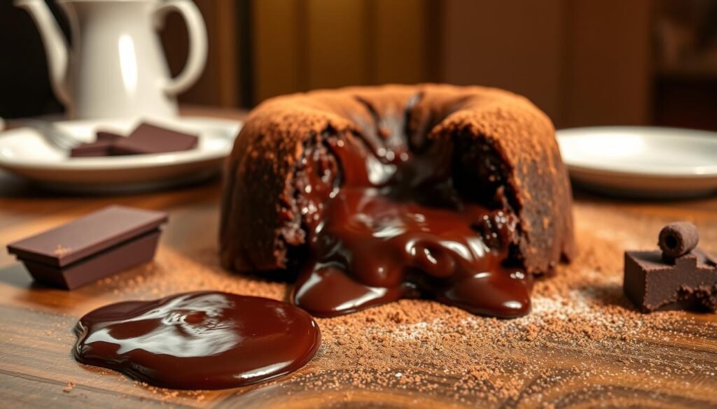 A rich, glossy chocolate ganache center, oozing from a freshly baked lava cake, sits in the foreground, capturing the light beautifully with its deep brown color and silky texture. The ganache is drizzled slightly, creating an inviting sheen. In the middle, a round, warm lava cake with a slightly cracked top reveals a generous, molten center, surrounded by a delicate dusting of cocoa powder. The background features a rustic wooden table setting, softly illuminated by warm, natural light filtering in from a nearby window, enhancing the inviting atmosphere. The composition is shot from a slightly elevated angle, highlighting the luscious details of the ganache and the inviting texture of the cake, evoking a sense of warmth and indulgence.