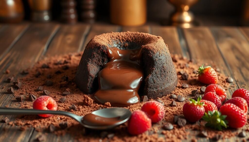 A rich, indulgent scene featuring a decadent molten chocolate lava cake at the center, oozing warm chocolate from its core. Surround the cake with scattered cocoa powder and chocolate shavings to emphasize its richness. In the foreground, place a small spoon drizzled with chocolate sauce, inviting the viewer to taste. The middle ground is filled with fresh berries, like raspberries and strawberries, adding a pop of color. The background should be softly blurred, showcasing a rustic wooden table and elegant, warm-toned lighting that creates a cozy atmosphere, reminiscent of a gourmet kitchen. Capture the scene at a slight top-down angle to highlight the textures and details of the dessert, evoking a mood of warmth and indulgence.