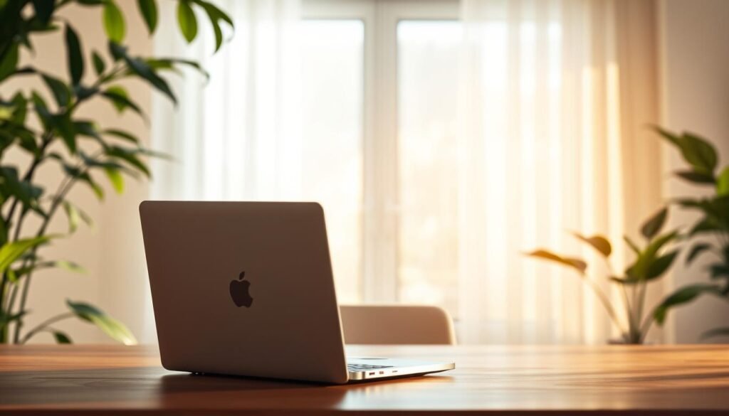A serene office environment, illustrating the concept of privacy. In the foreground, a closed laptop sits on a wooden desk, screen angled away to suggest confidentiality. A modern, stylish privacy screen lightly blurred in the middle, obstructing views from behind while still allowing a glimpse of the desk. An abstract background shows an open window with soft, diffused daylight streaming in, enhancing the atmosphere of calm and security. Green indoor plants softly frame the scene, symbolizing growth and trust. The lighting is warm, creating an inviting and reassuring ambiance. The overall mood conveys the importance of protecting personal information, with an emphasis on professional decorum and tranquility.
