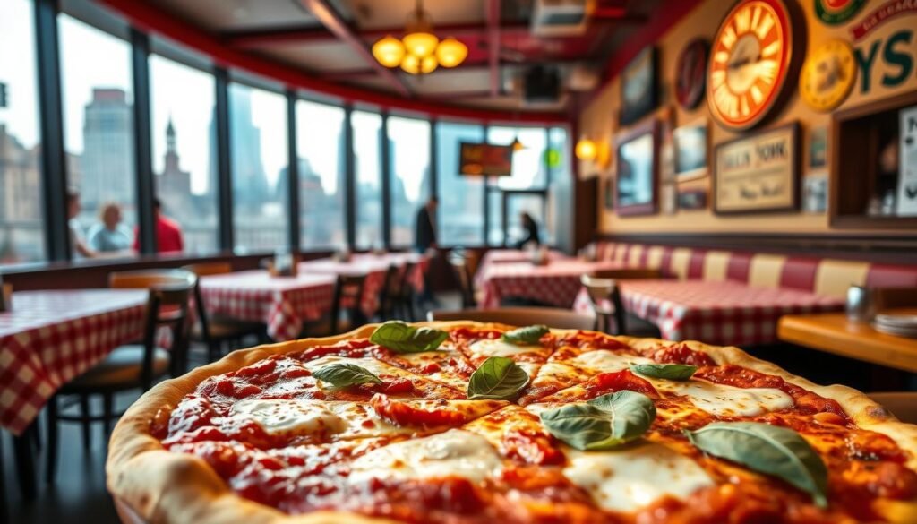 A vibrant New York-style pizza displayed prominently in the foreground, showcasing a perfectly golden, thin crust topped with a generous layer of melted mozzarella, rich tomato sauce, and fresh basil leaves, all slightly glistening under soft, warm lighting. In the middle ground, capture a rustic pizza parlor interior, featuring red and white checkered tablecloths and vintage New York memorabilia adorning the walls. The background reveals the bustling cityscape visible through large windows, with iconic skyscrapers and bustling pedestrians. Use a slightly low-angle shot to emphasize the pizza’s allure and the lively atmosphere, creating a sense of authenticity and warmth, reminiscent of a busy afternoon in a classic New York eatery.