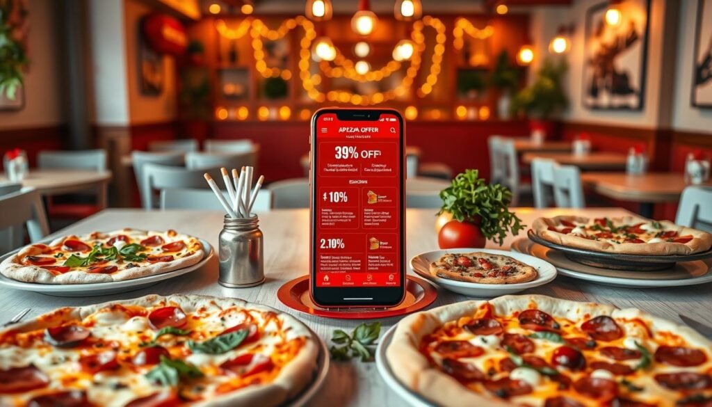 A vibrant and enticing scene showcasing a variety of app-exclusive pizza offers. In the foreground, a beautifully arranged table features several pizzas with different toppings, including pepperoni, vegetables, and gourmet options, invitingly displayed on stylish plates. In the middle, a smartphone screen is visible with a colorful app interface showing special discounts and exclusive deals, surrounded by pizza-themed decorations like fresh herbs and spices. The background features a cozy and modern pizzeria atmosphere, warm lighting illuminating the space, creating an inviting and cheerful mood. The scene should be shot from a slightly elevated angle, giving a wide view of the enticing offers and delicious pizzas, emphasizing the appeal of using the app for great deals.