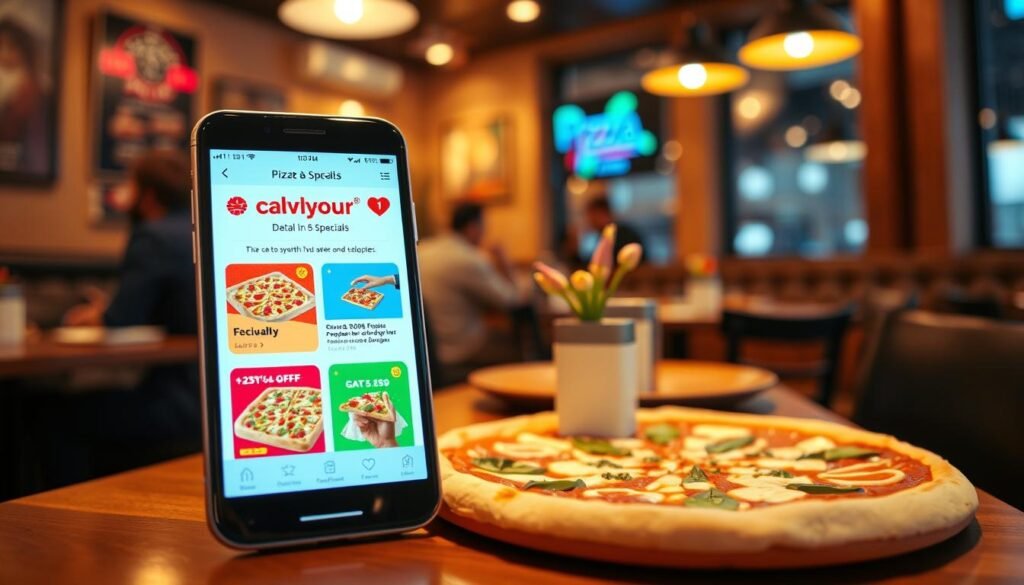 A vibrant and inviting mobile app interface showcasing exclusive deals and specials for a pizza restaurant. In the foreground, a sleek smartphone displays a bright, user-friendly app with visually appealing pizza images, promotional banners, and attractive discount offers. The middle layer features a cozy dining environment in the background, suggesting a carry-out setting with a stylish table set for delicious pizza. Soft, warm lighting creates a welcoming atmosphere, reflecting a busy yet relaxed mood. The angle is slightly tilted to emphasize the smartphone's screen while capturing the ambiance around it. This scene combines modern technology with the heart of casual dining, effectively highlighting mobile app exclusives in a visually engaging way.