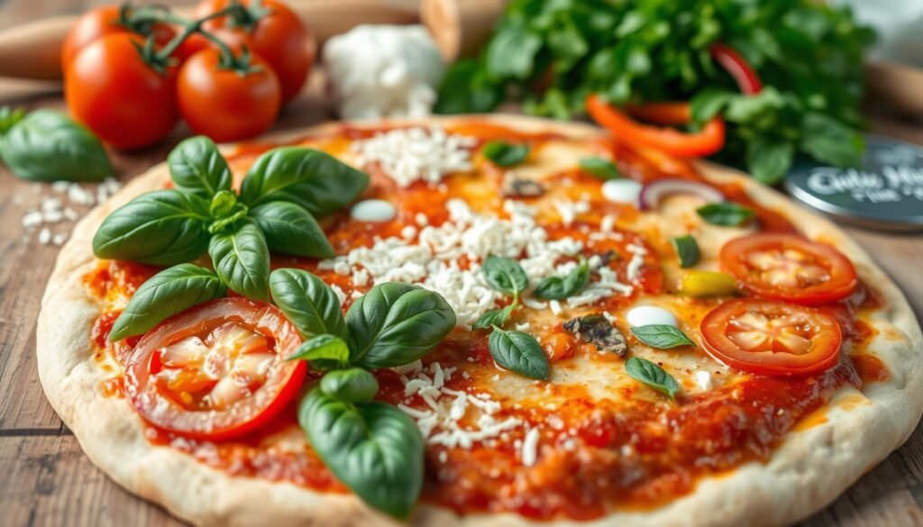 A vibrant and mouthwatering display of thin crust pizza ingredients arranged artistically on a rustic wooden table. In the foreground, showcase fresh basil leaves, sliced ripe tomatoes, and a sprinkle of mozzarella cheese, glistening in natural light. In the middle ground, include a golden-brown thin crust pizza base, partially topped with rich tomato sauce and various colorful vegetables like bell peppers and onions. In the background, hints of kitchen utensils, such as a rolling pin and a pizza cutter, evoke a warm, inviting cooking atmosphere. Soft, diffused lighting enhances the textures of the ingredients, creating a cozy and appetizing mood. Capture this scene from a slightly overhead angle, focusing on the vibrant colors and textures that highlight the essentials of a perfect thin crust pizza.