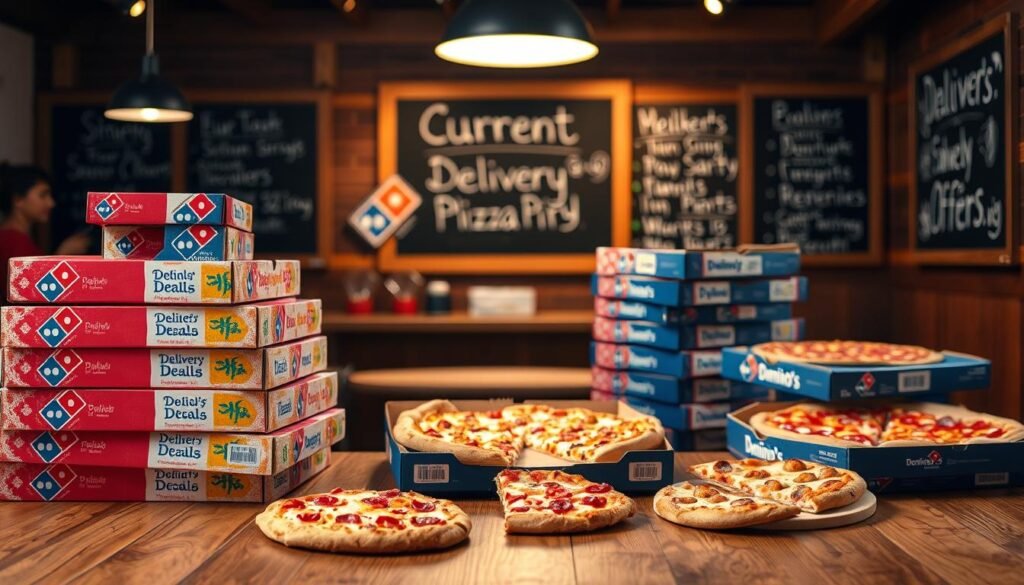A vibrant arrangement of Domino's pizza boxes showcasing various sizes, stacked artistically on a wooden table in the foreground. The boxes are decorated with colorful graphics, highlighted by a warm, inviting overhead light that casts soft shadows, enhancing the textures of the boxes and table. In the middle ground, a selection of delicious pizzas is displayed, some with slices taken out, showcasing their toppings and melty cheese. The background features a cozy pizzeria interior with a chalkboard displaying "Current Deals" and "Delivery Offers," subtly blurred to suggest depth. The atmosphere is friendly and inviting, conveying excitement and appetite, evoking the joy of sharing a meal with family and friends. The overall mood is bright, warm, and enticing, perfect for drawing in customers interested in pizza delivery.